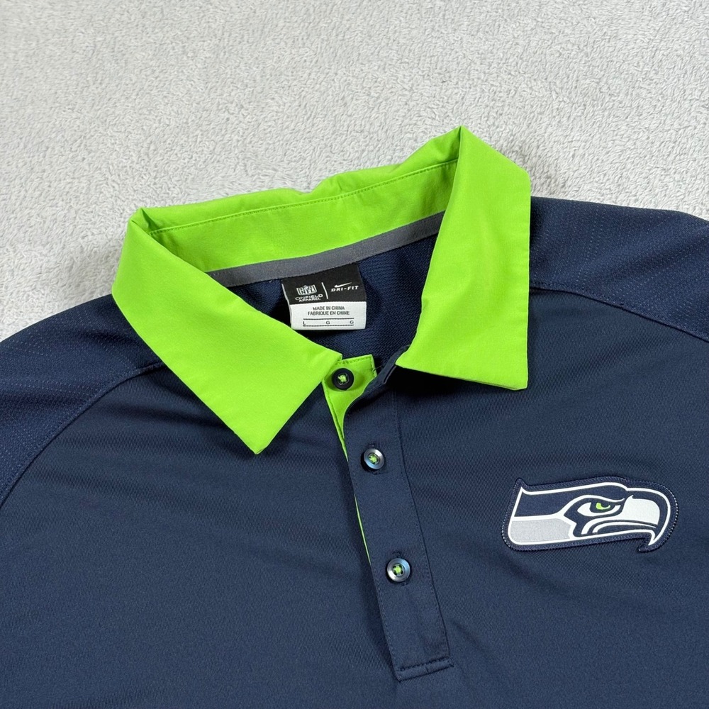 Nike Seattle Seahawks NFL Polo Shirt Mens Large‎ Navy Blue Neon Green Dri-FIT
